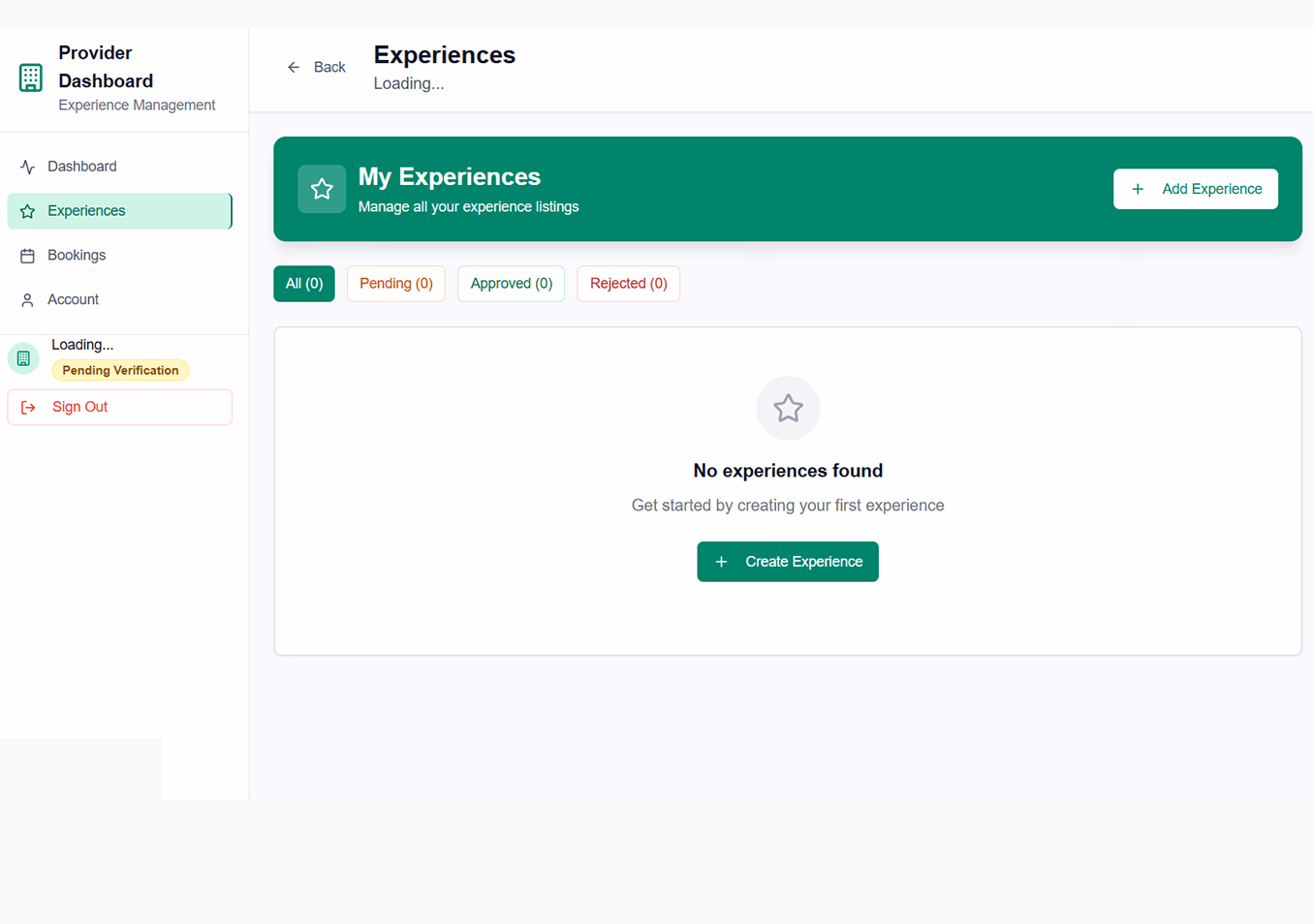 Provider dashboard showing bookings, listings, and earnings